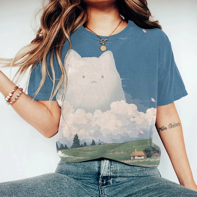 Comstylish Cloud Cat Print Round Neck Short Sleeve T-Shirt