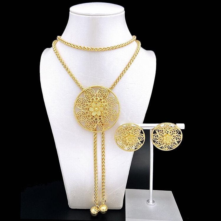Gold Color Fashion Jewelry Set Long Chain Necklace Pendant Earrings Set