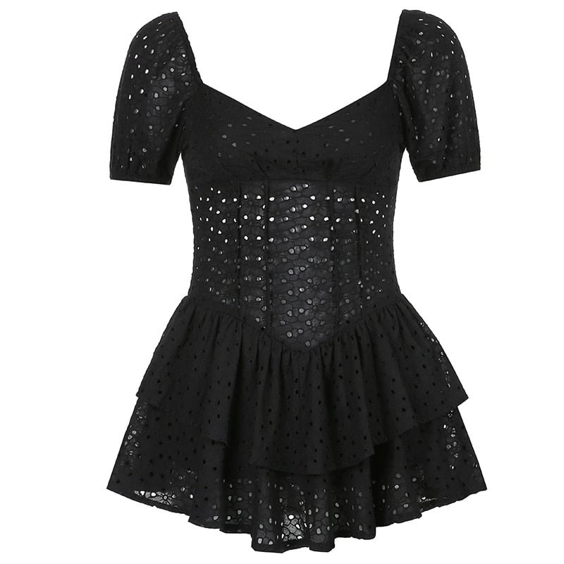 Rapcopter Hook Flower Mini Dress Sexy Deep V Neck Dress Vintage Puff Sleeve Short Dress Women Summer Dress Boho Beach Sundress