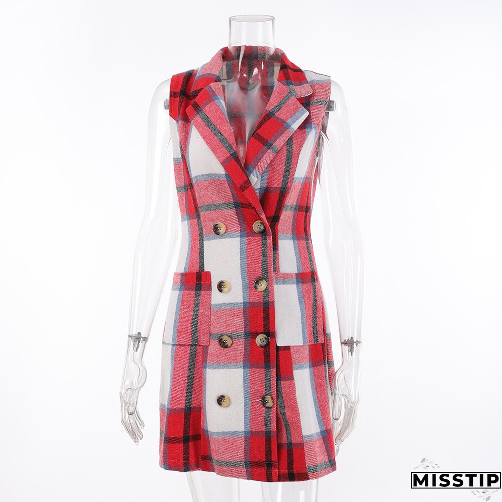Women's Fashion Plaid Long Vest Turndown Collar Sleeveless Blazer