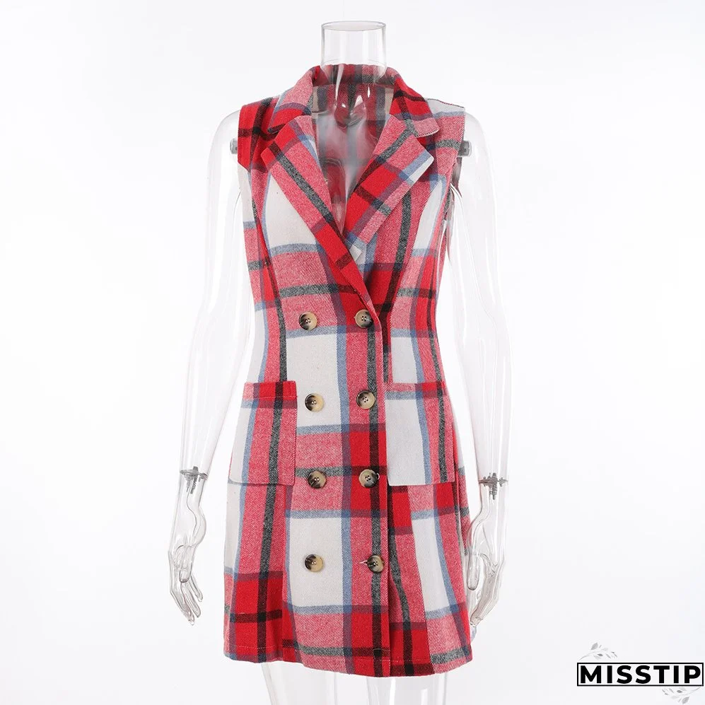 Women's Fashion Plaid Long Vest Turndown Collar Sleeveless Blazer