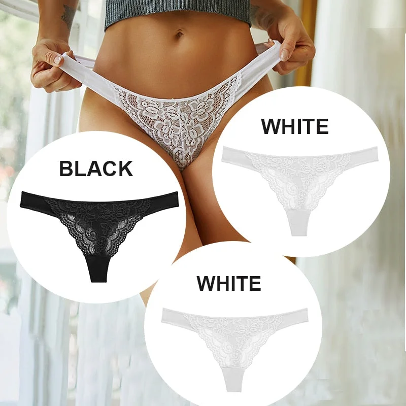 FINETOO 3PCS/Set M-XL Cotton G-string Women Lace Panties Sexy Woman Thong Underwear Lingerie Lace Pantys Femme T-Back Underpants