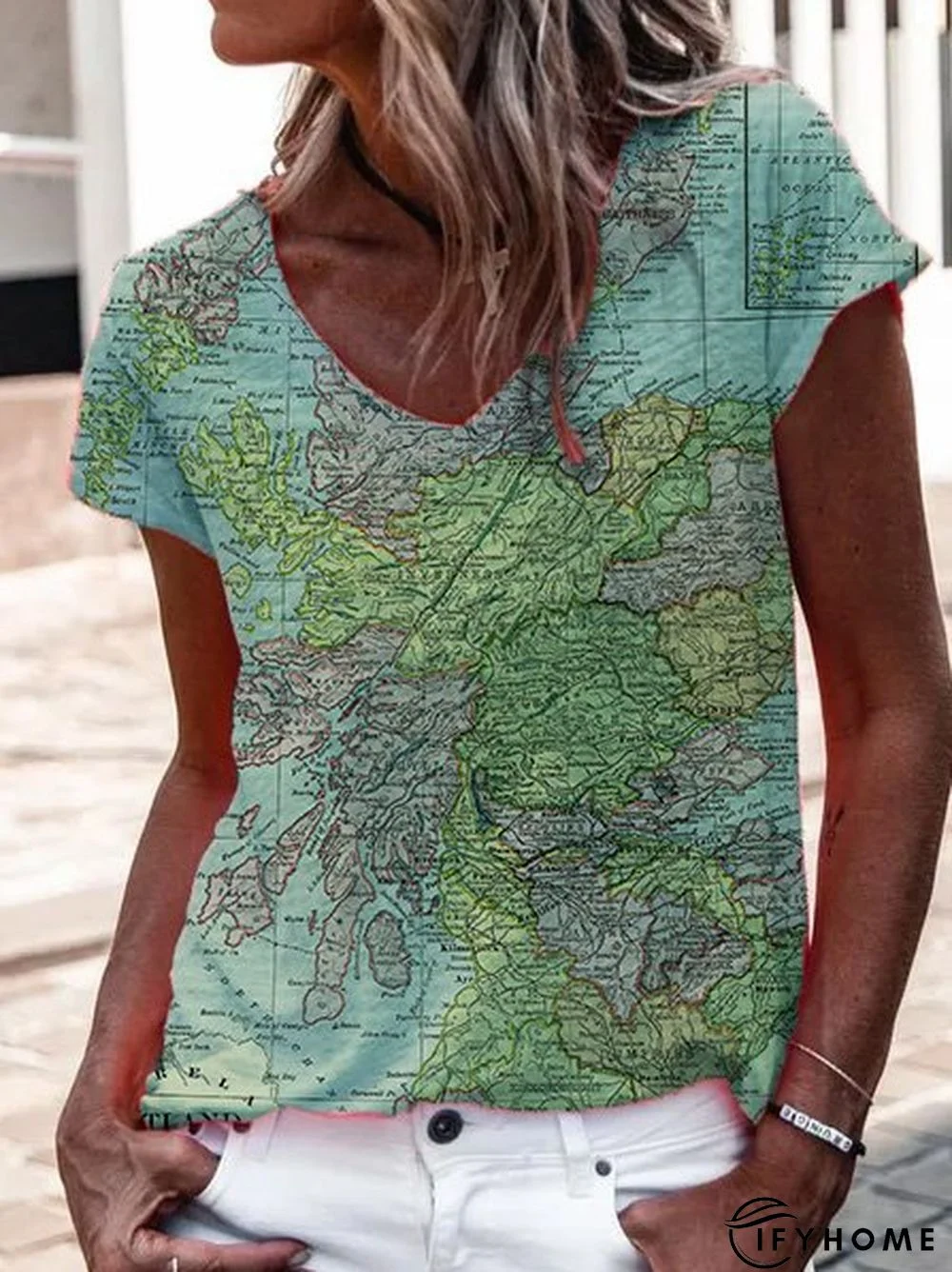 Casual Printed V Neck Short Sleeve Top | IFYHOME