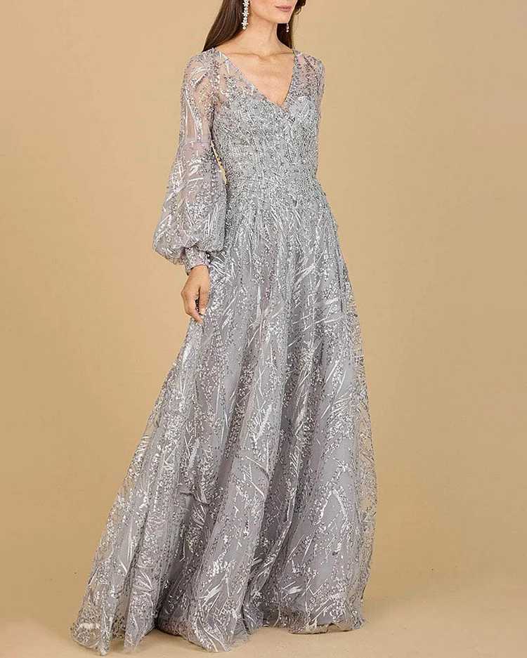 Women's V-neck Embroidered Mesh Dress