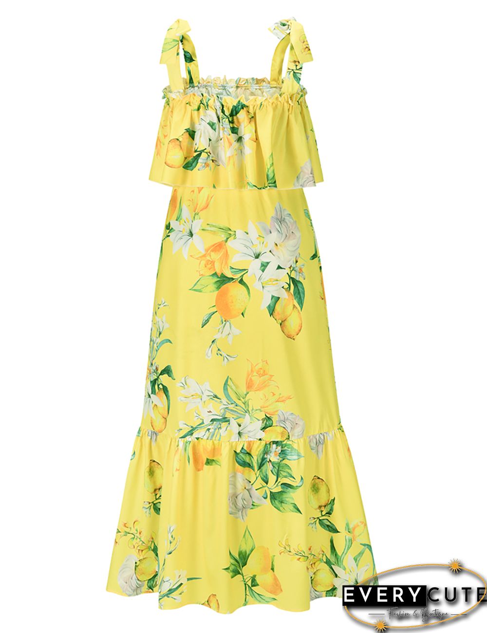 Yellow Floral Print Ruffled Split Maxi Dress