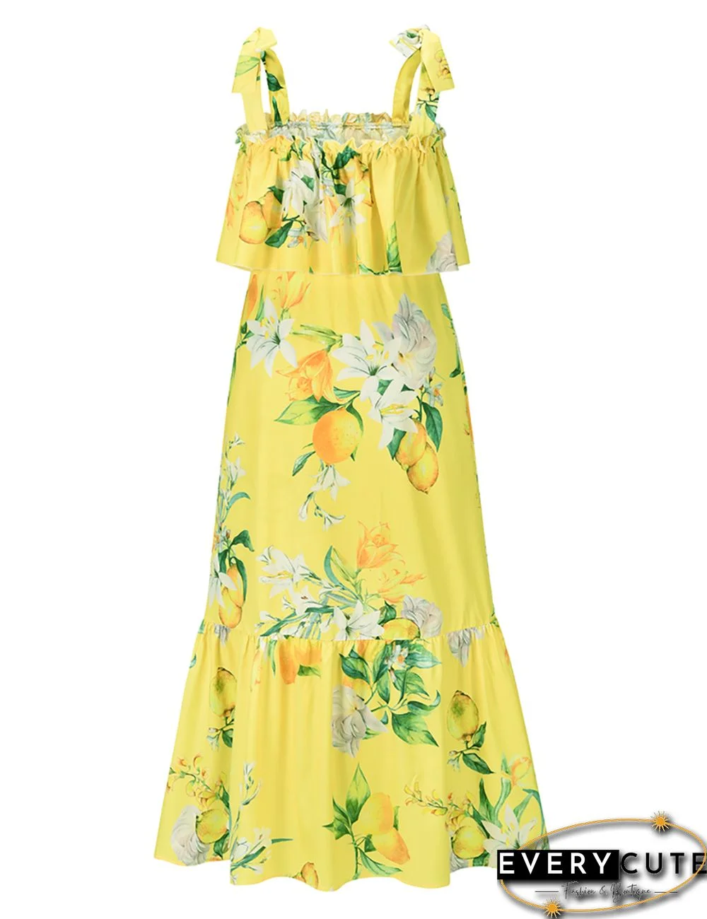 Yellow Floral Print Ruffled Split Maxi Dress