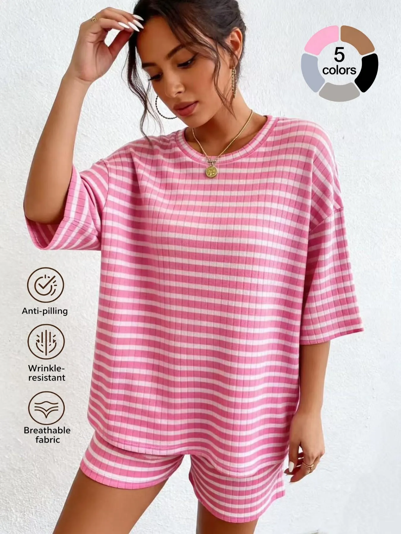 Women's Casual Loose Oversized Striped Set, Summer Short Sleeve Tee & Shorts, Airport Outfit, Home Wear, Sportswear, Fashionable Women's Clothing, Summer Lounge Sets Women's Casual Loose Oversized Striped Set, Summer Short Sleeve Tee & Shorts, Airport Outfit, Home Wear, Sportswear, Fashionable Women's Clothing, Summer Lounge Sets