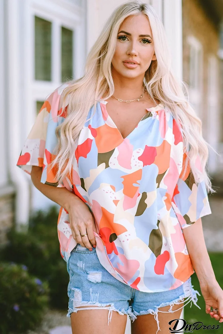 Floral Print V Neck Half Sleeve Blouse