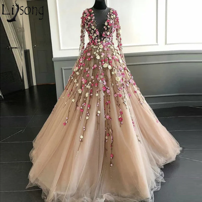 Long Sleeves 3D Floral Lace Applique Tulle PromEvening Gowns