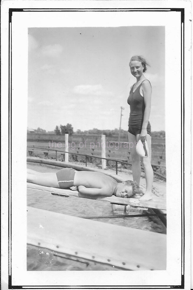 POOL PORTRAIT Found Photo Poster painting bw DIVING BOARD POSE Original Snapshot VINTAGE 05 26 W