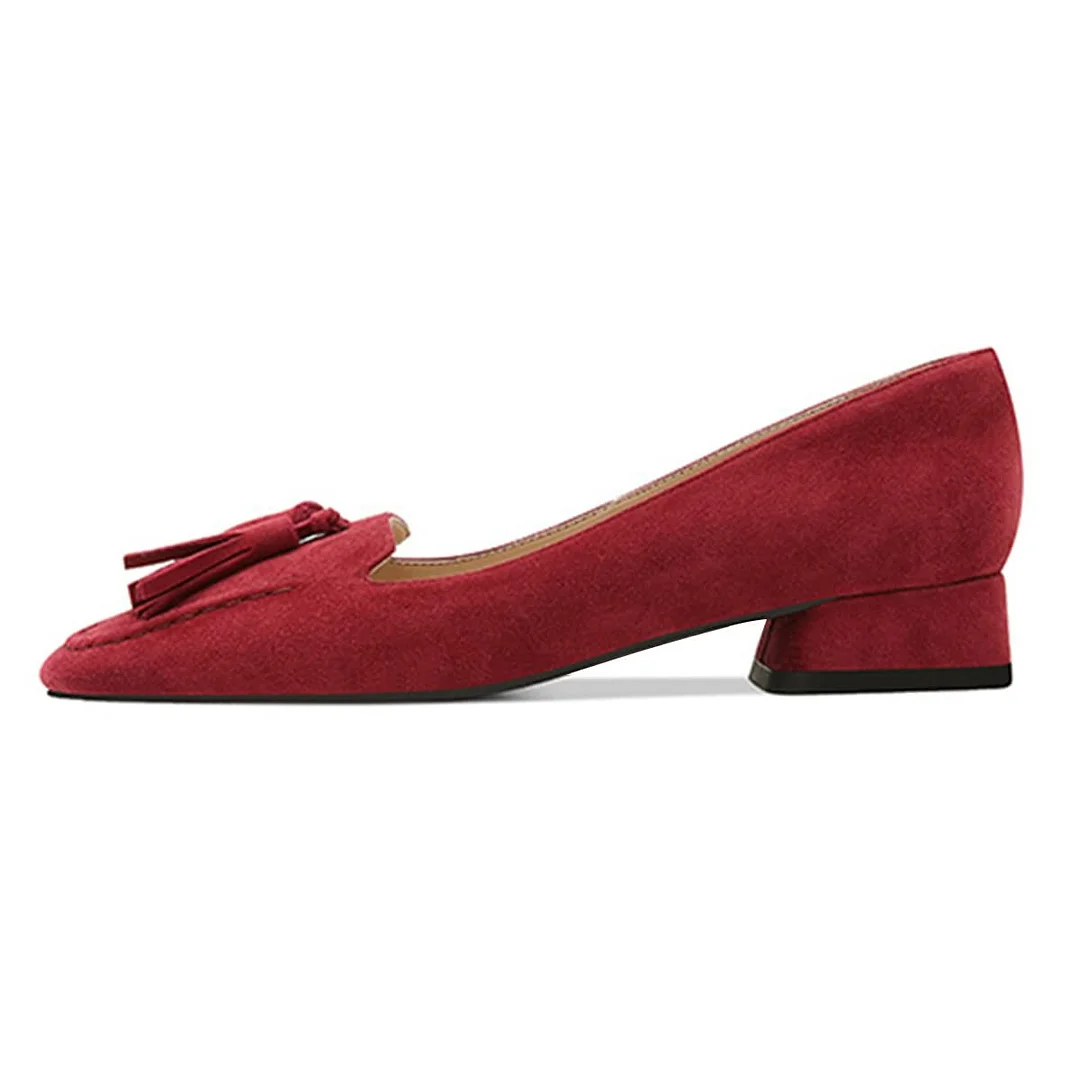 Classy Red Square Toe Slip-On Tassel Pump Block Heeled Loafers