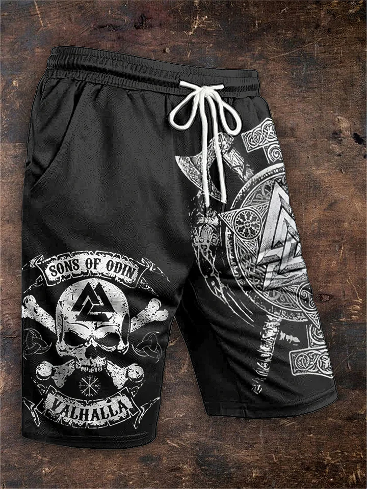 Men's Viking Runes Axe Skull Totem Graphics Cargo Shorts