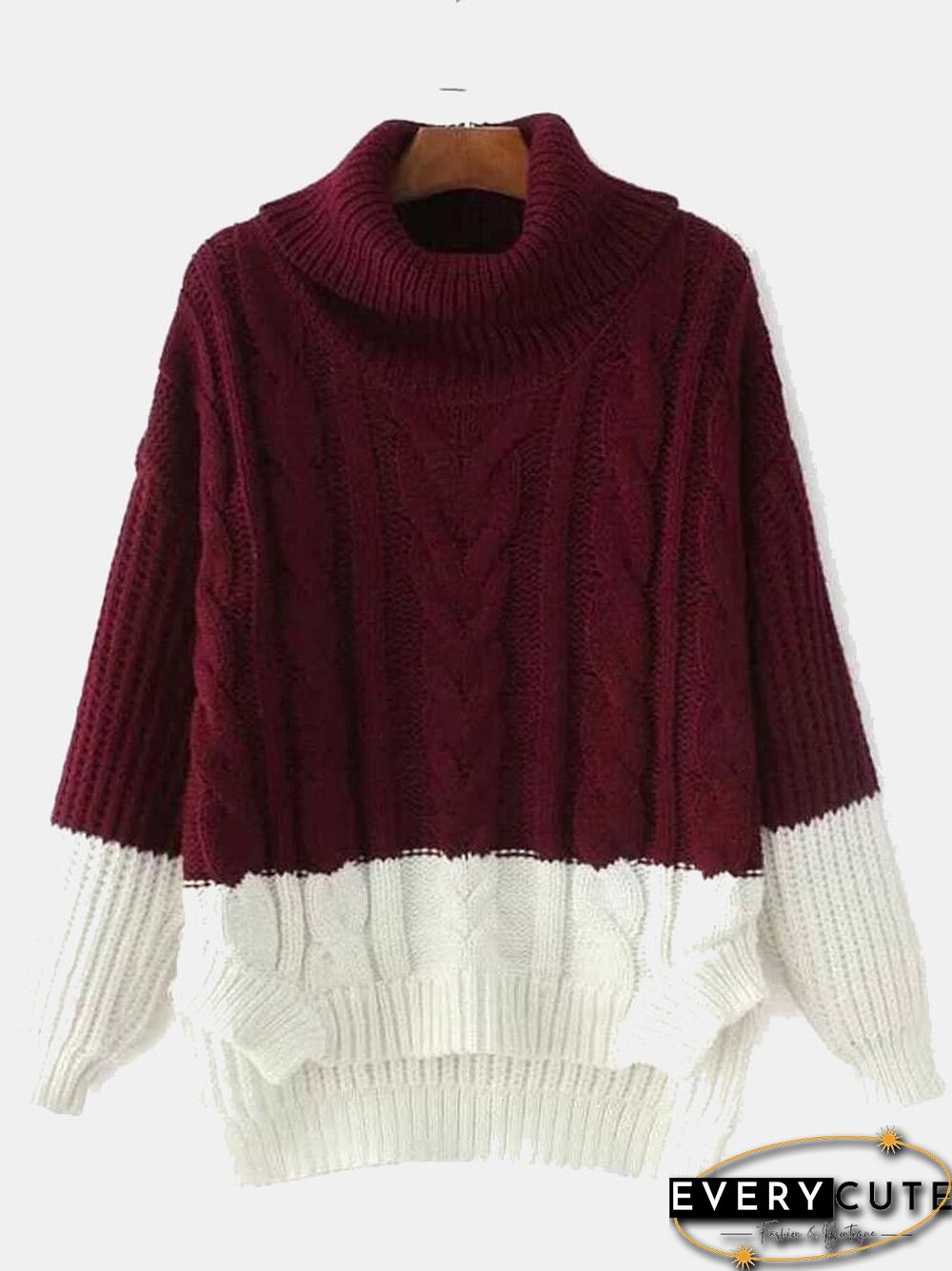 Women Contrast Color Patchwork High Neck Loose Casual Sweater