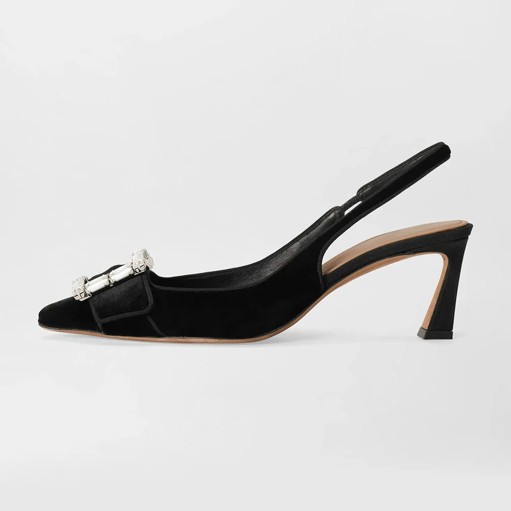 Velvet Black Square Toe Slingback Pumps with Rhinestone Buckle