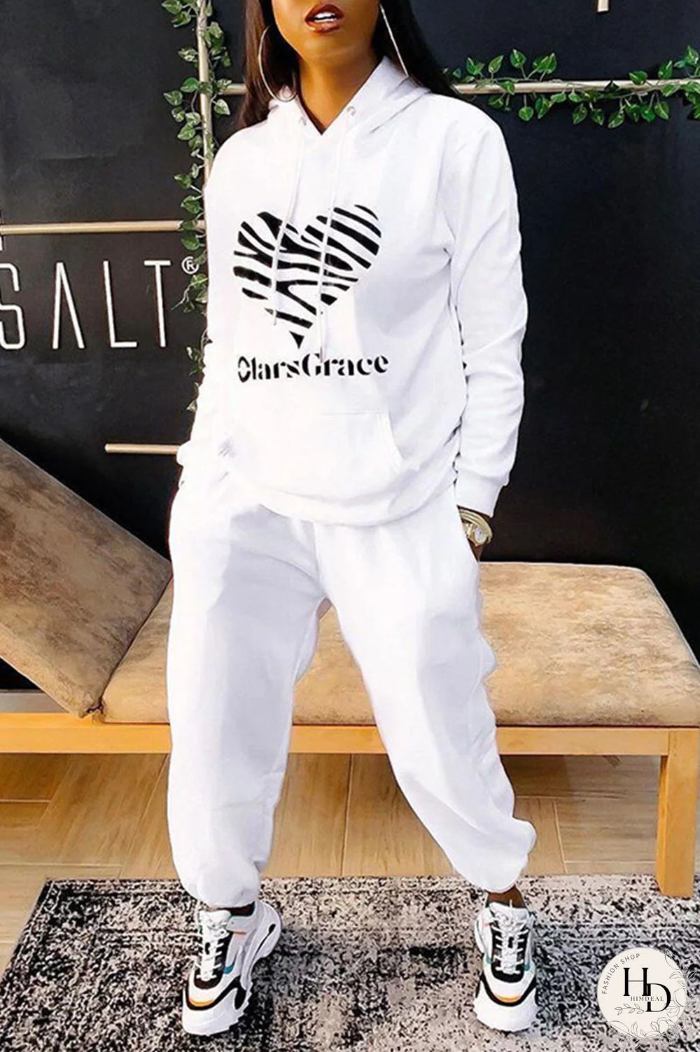White Casual Print Split Joint Hooded Collar Long Sleeve Two Pieces