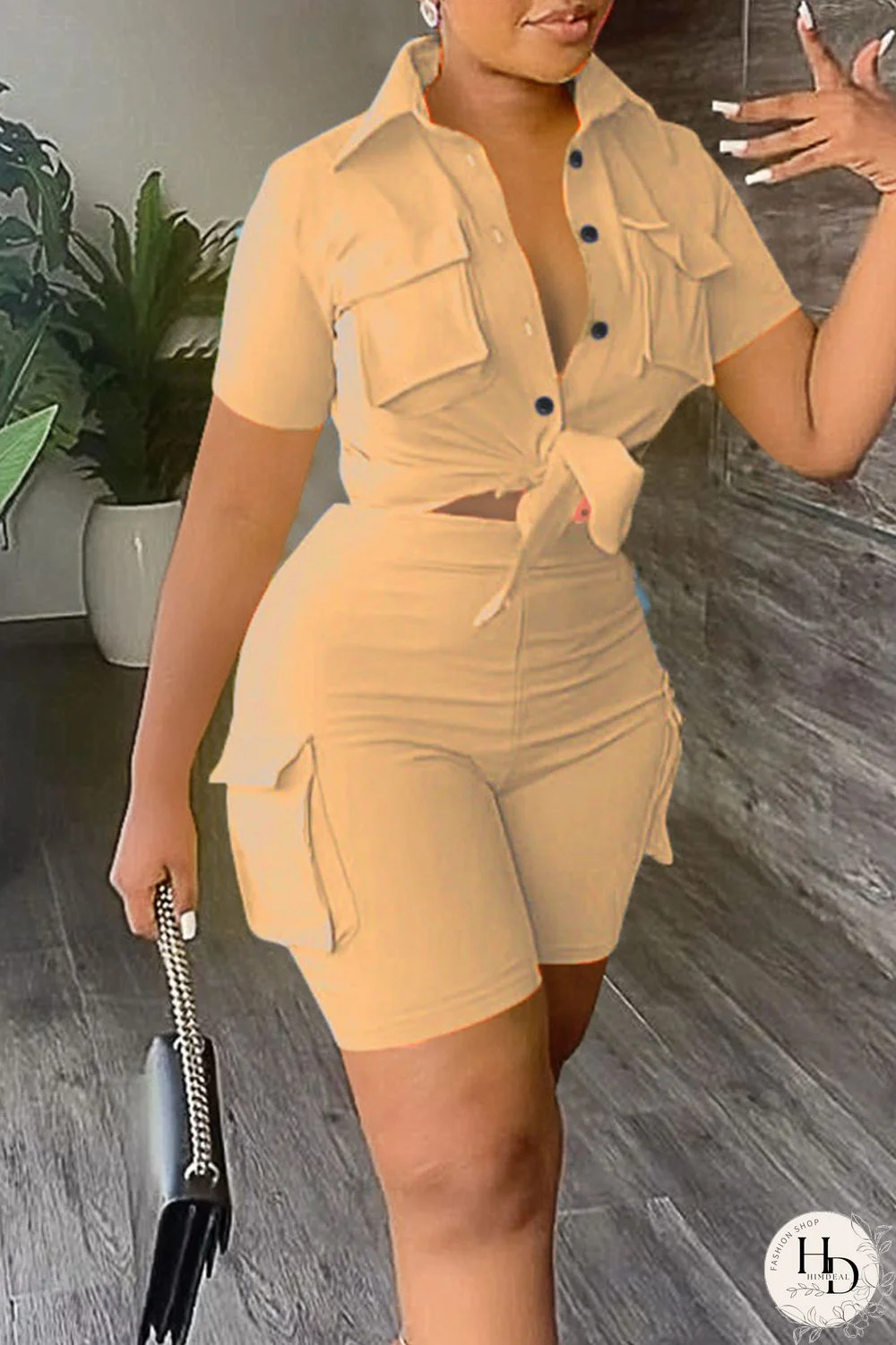 Khaki Casual Solid Bandage Patchwork Pocket Buckle Turndown Collar Short Sleeve Two Pieces