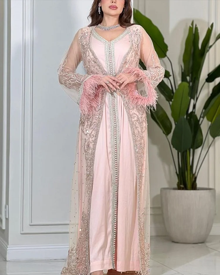 Women's Cardigan Mesh Embroidered Kaftan Dress