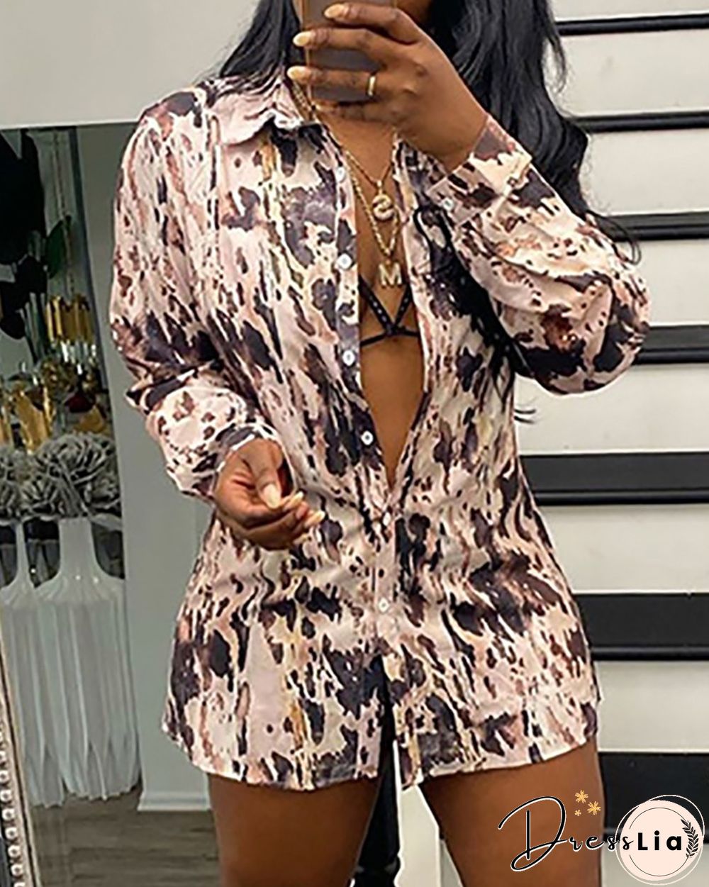 Colorblock Button Design Long Sleeve Shirt Dress