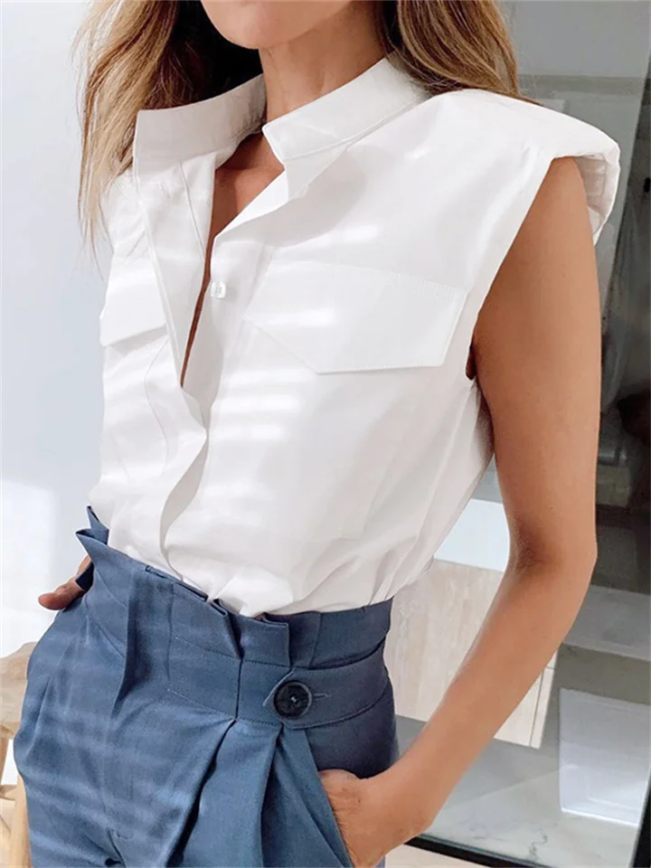 Summer New White Shoulder Pads Shirt Women's Temperament Sleeveless Fashion Blouse Tops To Wear Outside