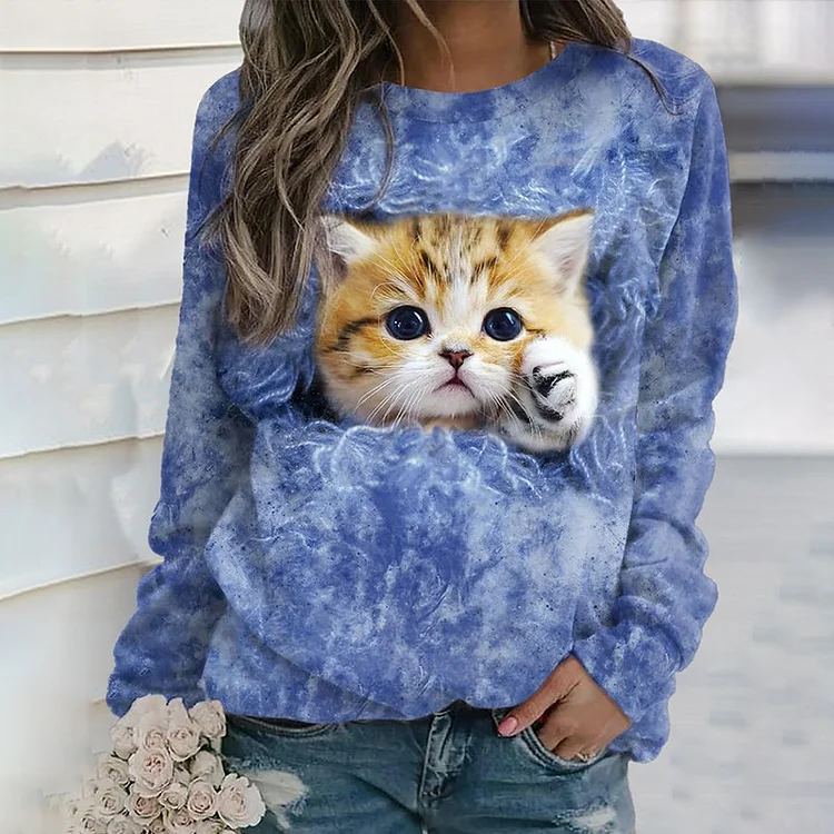Casual Cat Print Long Sleeve Sweatshirt