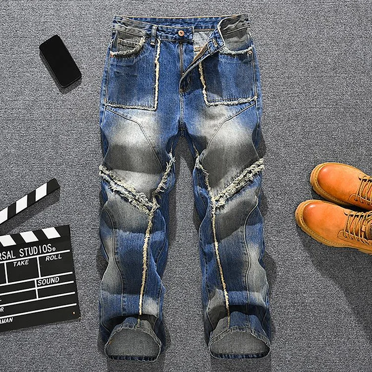 Fashionable design spliced fringed combination jeans for men, retro distressed, loose straight leg high-end denim pants