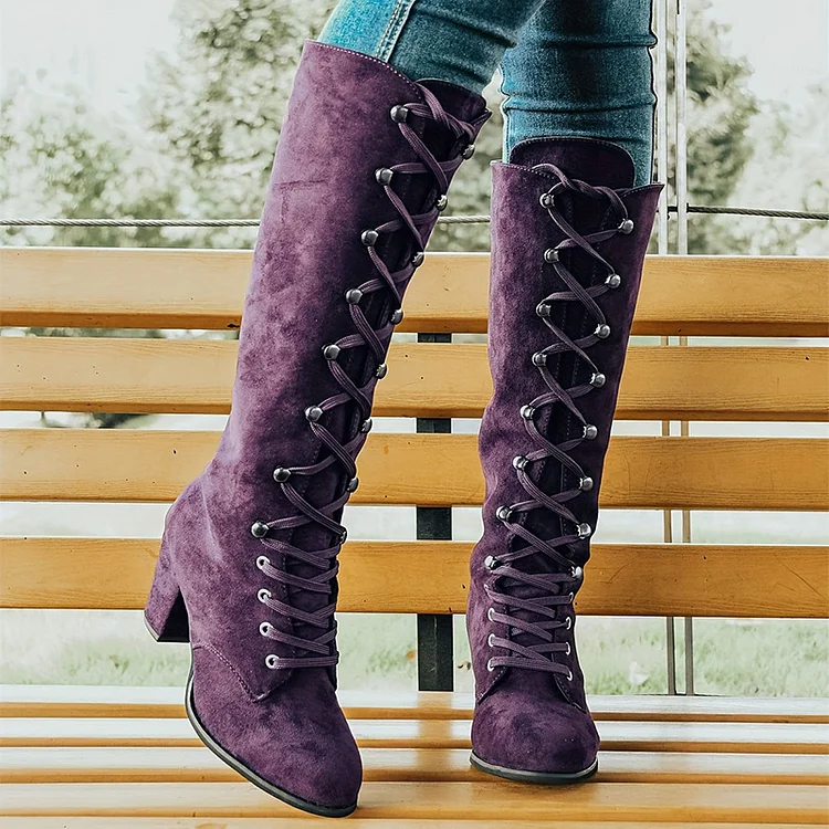 Daily Lace-Up Round Head Thick High-Heeled Knight Boots