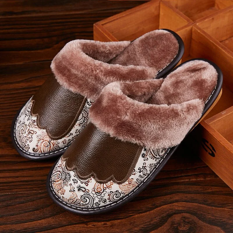 Genuine Leather Slippers Women Luxury Velvet Fur Slippers Pattern House Slippers Winter Indoor Slippers Living Soft Shoes Women