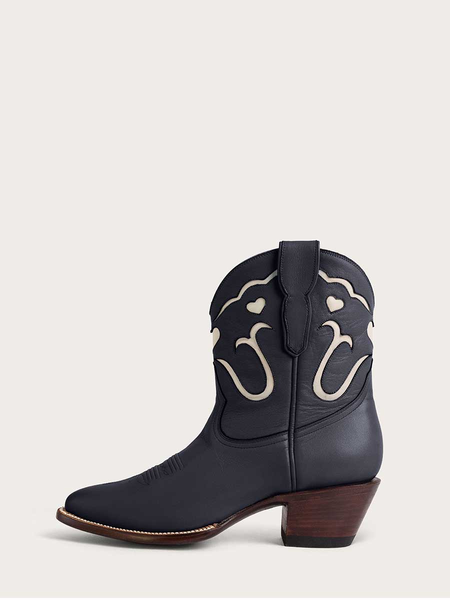 Navy Almond Toe White Heart Inlay Block Heel Cowgirl Ankle Boots