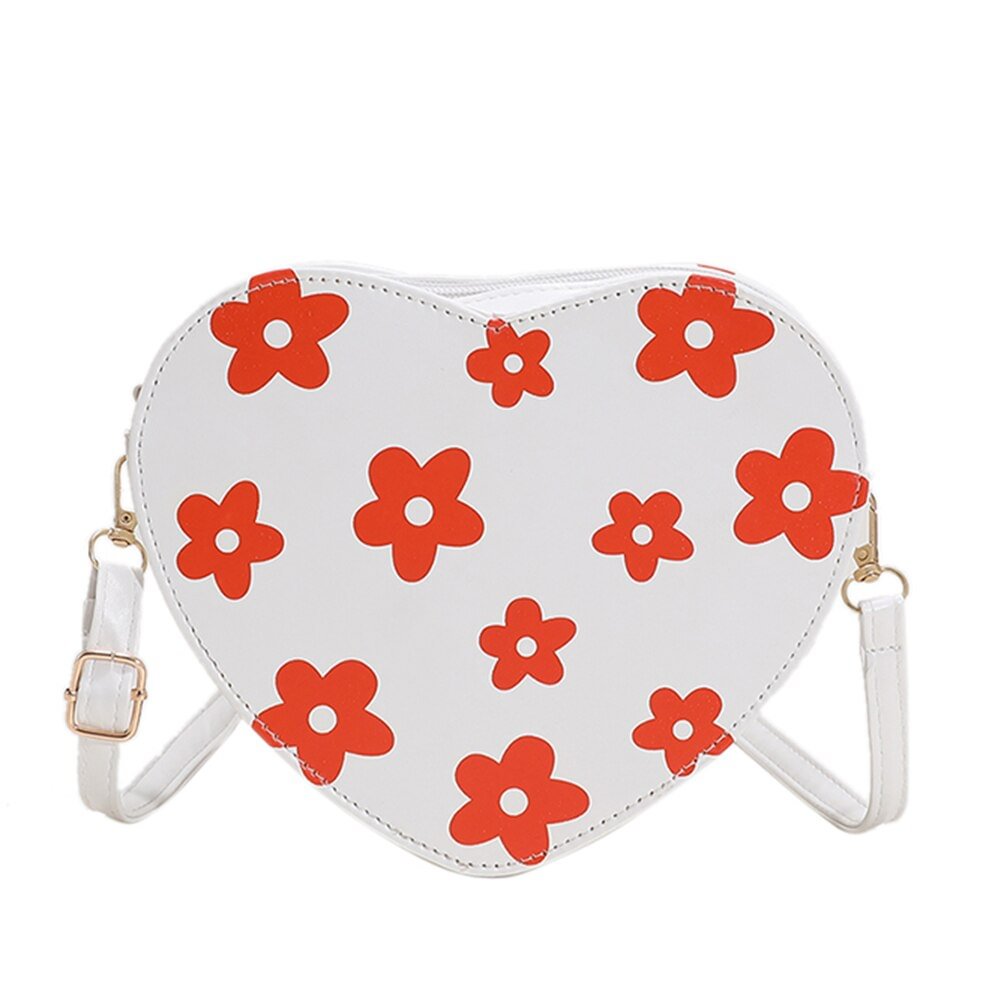 PU Leather Women Heart-shaped Crossbody Bag Summer Small Flower Printed Shoulder Mini Clutch Purse Handbags Largeag Heart Shaped