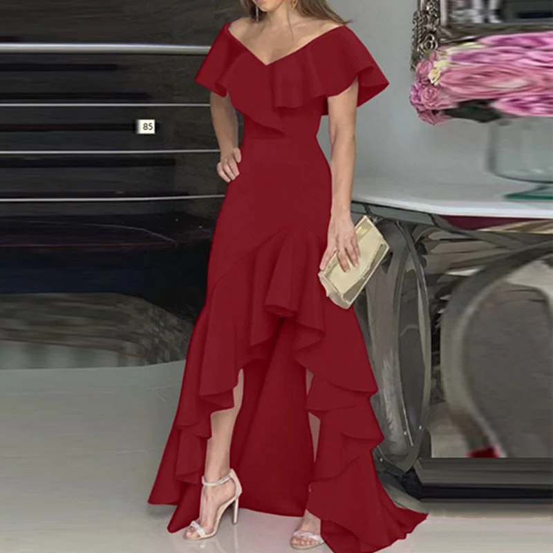 Zingj Women's Long Skirt Elegant V-neck Irregular Dress