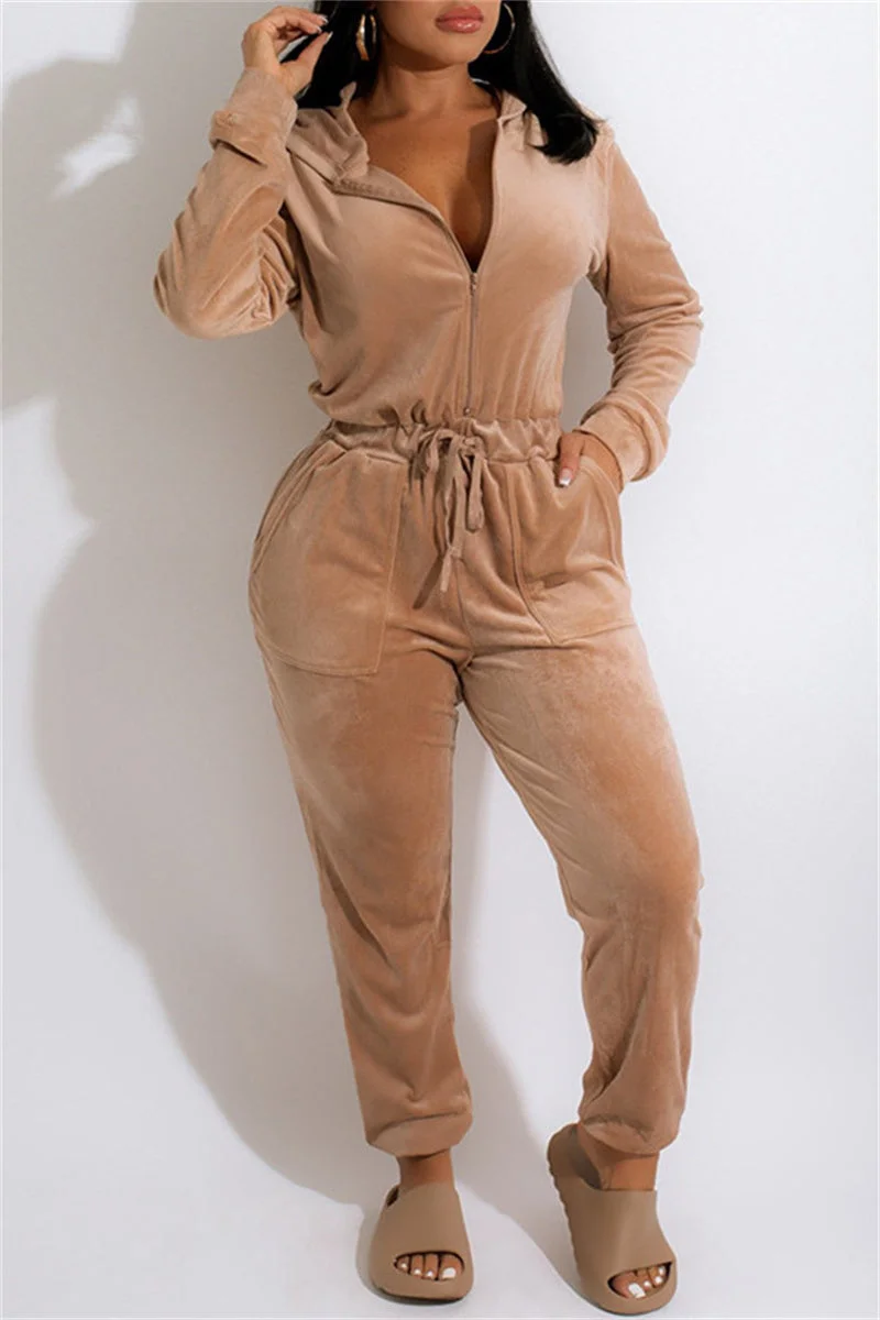 Fashion Casual Solid Basic Hooded Collar Regular Jumpsuits