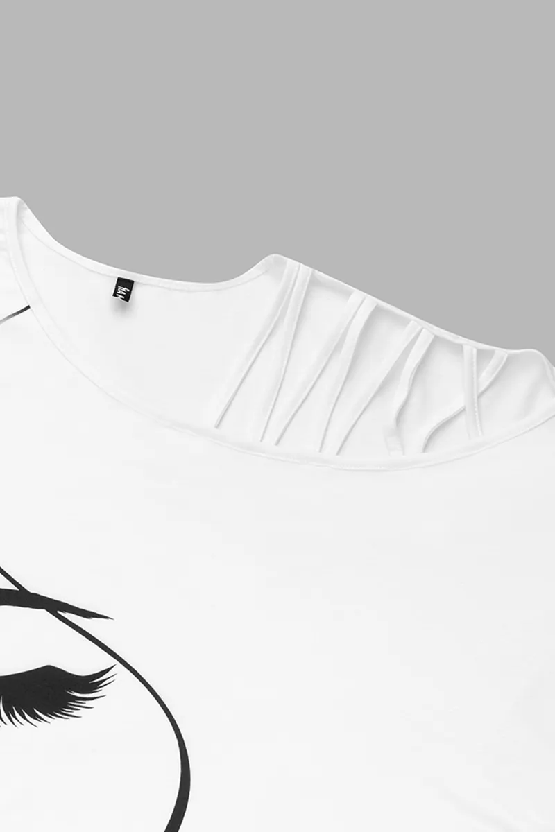 Figure Print Hollow Out Asymmetrical Neck Blouse