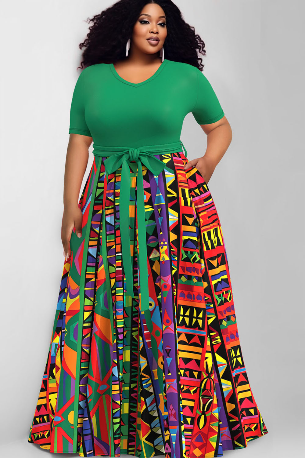 Design Plus Size Daily Red V Neck Lace Up Ankara Maxi Dresses [Pre-Order]