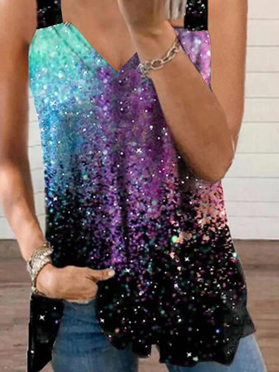 Casual Ombre Printed Loosen Spaghetti Tunic Knit Tops
