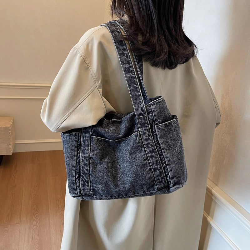 Women’s Denim Solid Color Classic Style Square Zipper Tote Bag