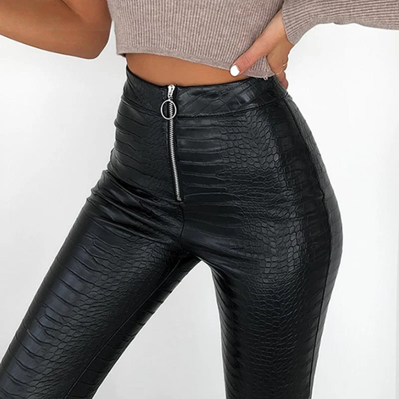 InstaHot Elegant High Waist Faux Leather Pants Women Pencil Skinny Pants Office Ladies Trousers Casual Slim Black Ladies Capris