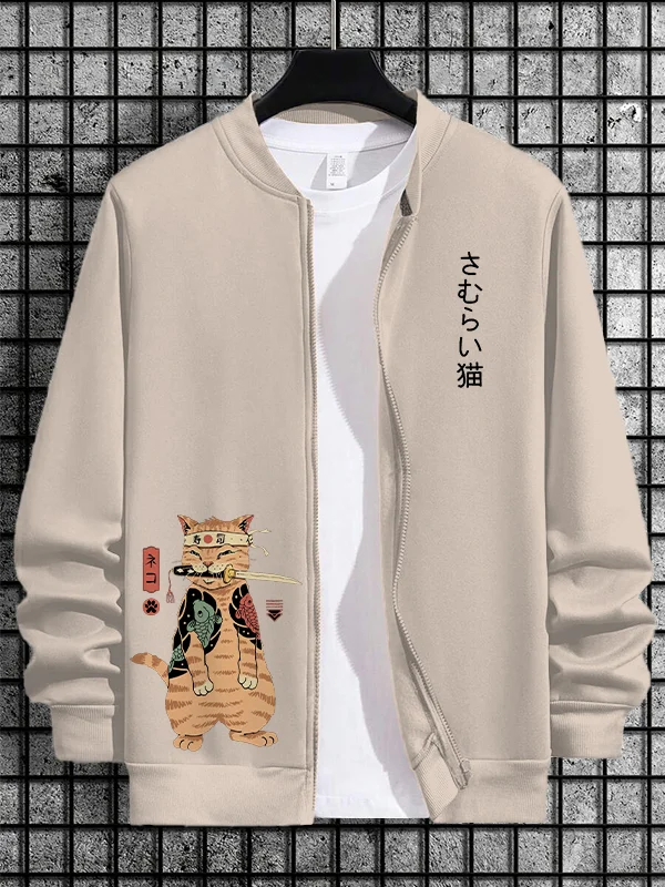 Men's Japanese Sushi Samurai Cat Print Casual Zip Up Jacket