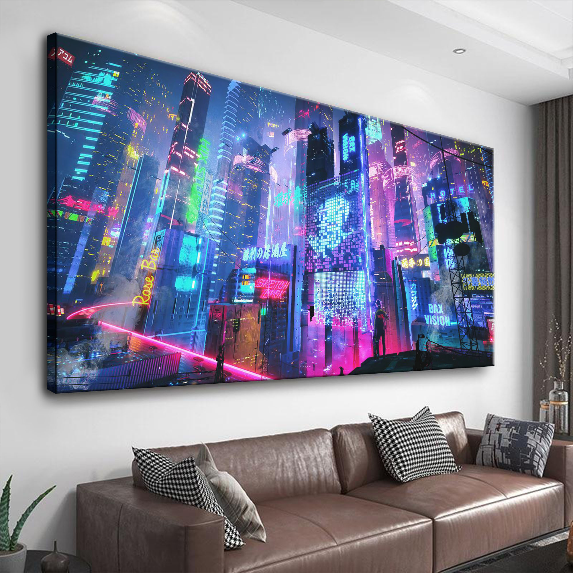 Cyberpunk Colorful Neon City Canvas Wall Art 