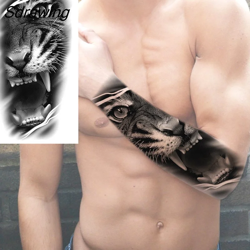 Sdrawing Warrior Punk Skeleton Gangster Rose Flower Temporary Tattoos For Women Men Lion Tiger Skull Rose Fake Tattoo Sexy Arm