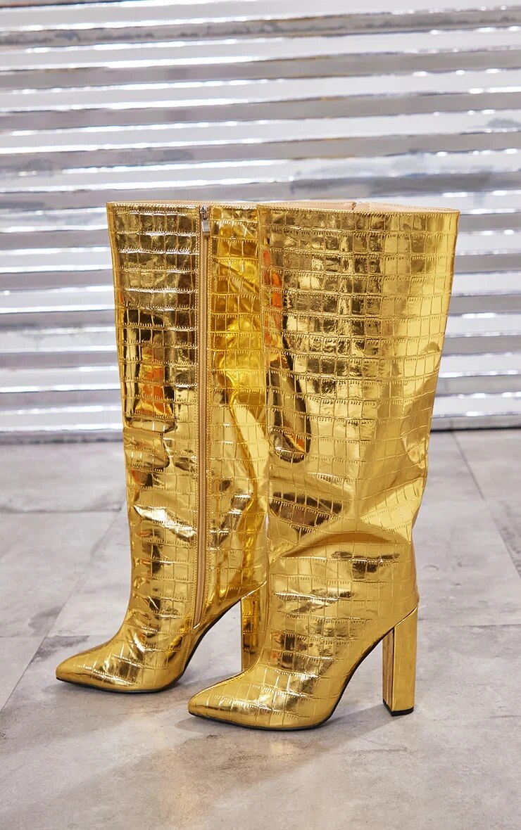 VCSHOES Plus Size 44Women Crocodile Pattern Knee High Boots High-heel Pointed Toe Women's Shoes Gold/sliver