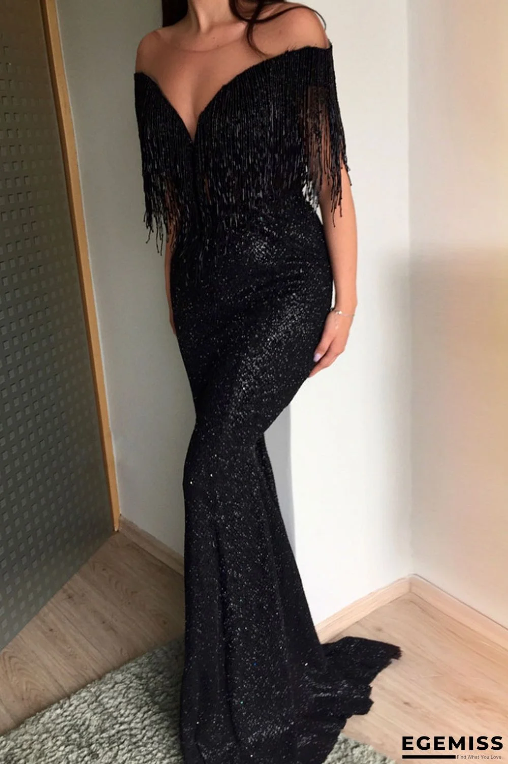 Black Sexy Solid Tassel Patchwork V Neck Evening Dress Dresses | EGEMISS