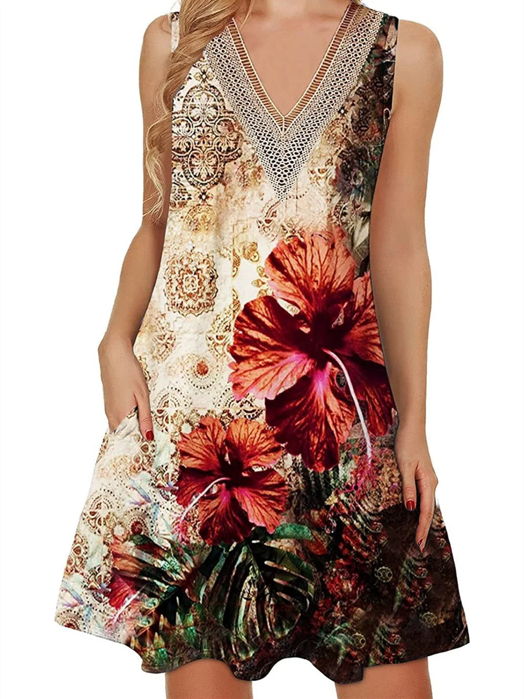 Women's Sleeveless V-neck Lace Flower Print Loose Casual Pocket Dress