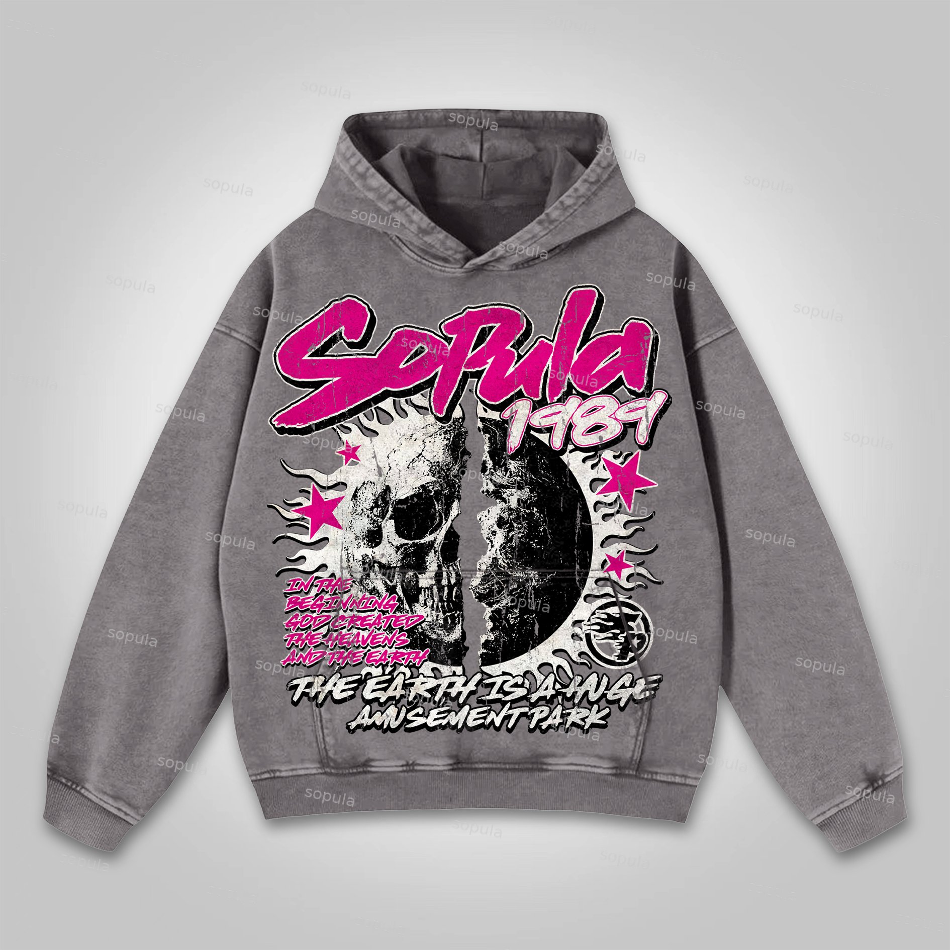 Sopula Men's Flame Skeleton Earth Print Washed Hoodie