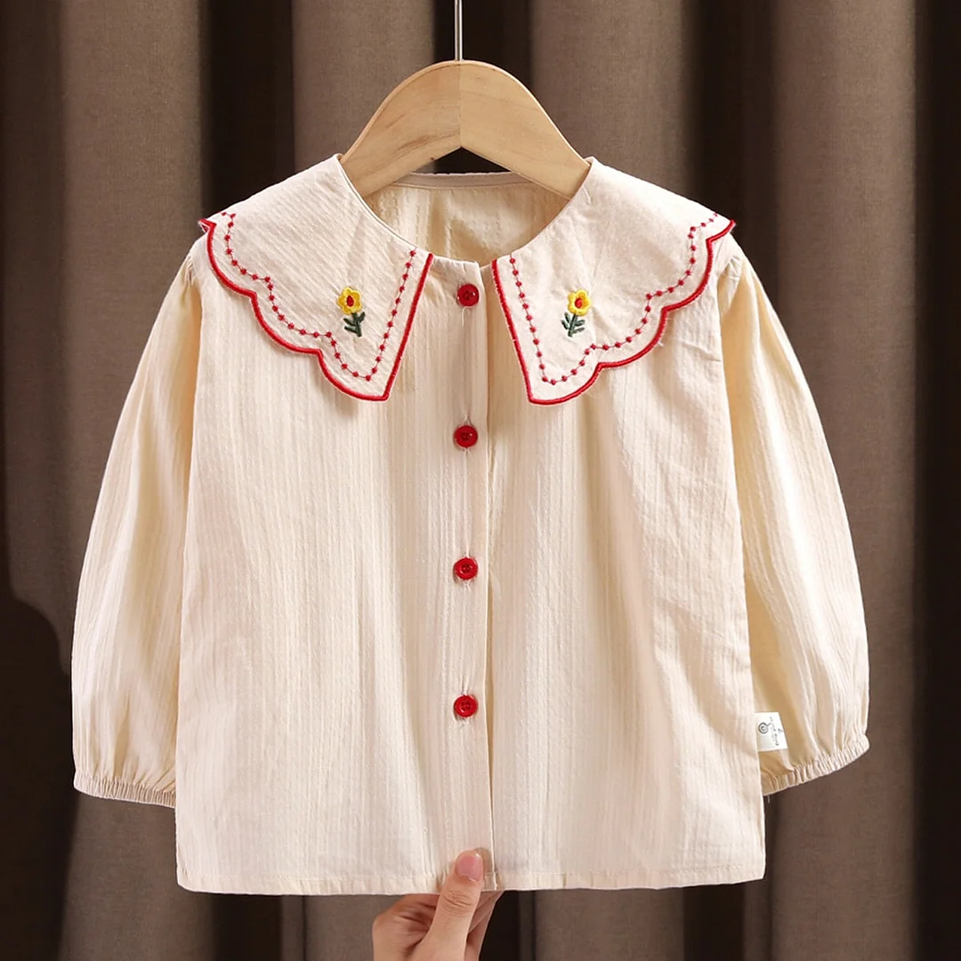 Embroidery Girls Blouese Spring Autumn Cotton Long Sleeve Child Shirts for Kids Clothes Cute Baby Shirt Tops 2 3 4 5 6 7 8 Years