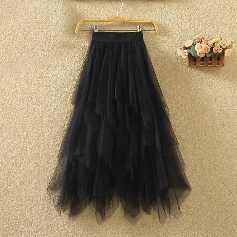 Tulle Skirts Womens Faldas Mujer Moda 2020 Fashion Elastic High Waist Mesh Tutu Maxi Pleated Long Midi Saias Jupe Women's Skirt