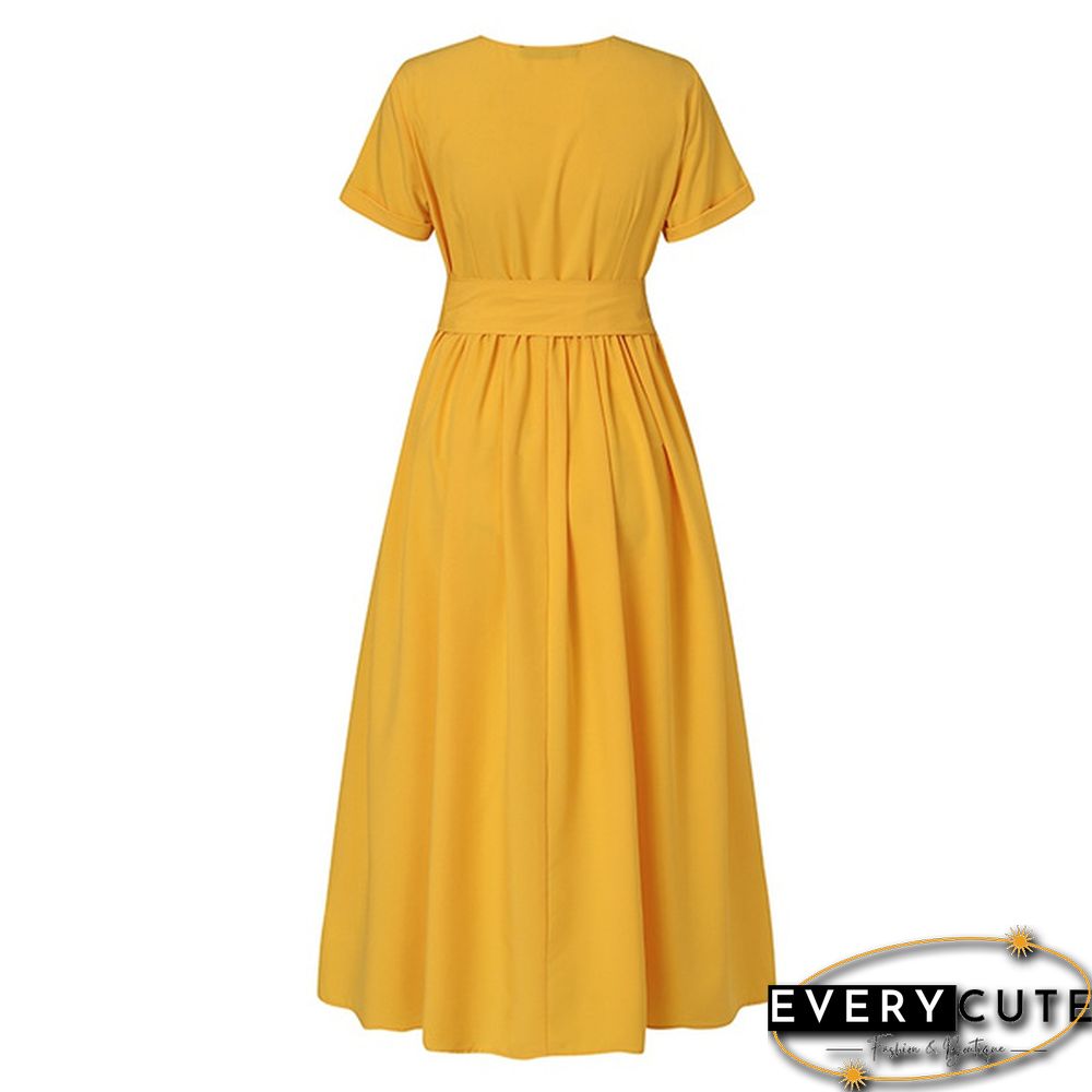 Retro Women Summer Sexy Short Sleeve Long Shirt Dress Party Elegant Big Swing Pleated Maxi Sundress