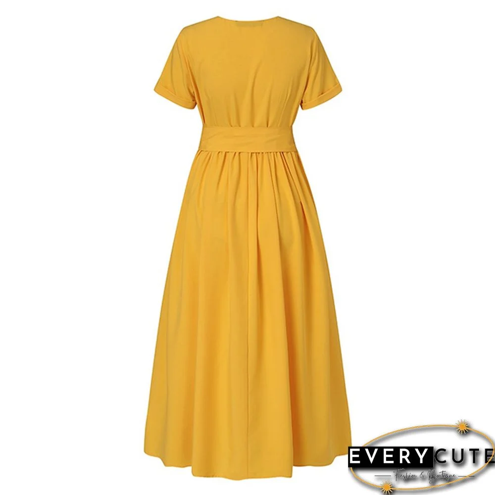 Retro Women Summer Sexy Short Sleeve Long Shirt Dress Party Elegant Big Swing Pleated Maxi Sundress