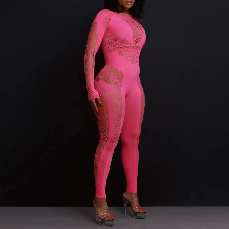 Uveng Uveng Female Solid Color Hollow Sex-Repair Knitted Regular Sleeve Jumpsuit