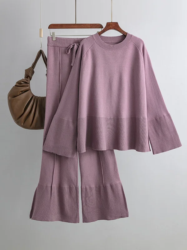Casual Long Sleeves Loose Solid Color Round-Neck Sweater Tops & Wide Leg Pants Two Pieces Set