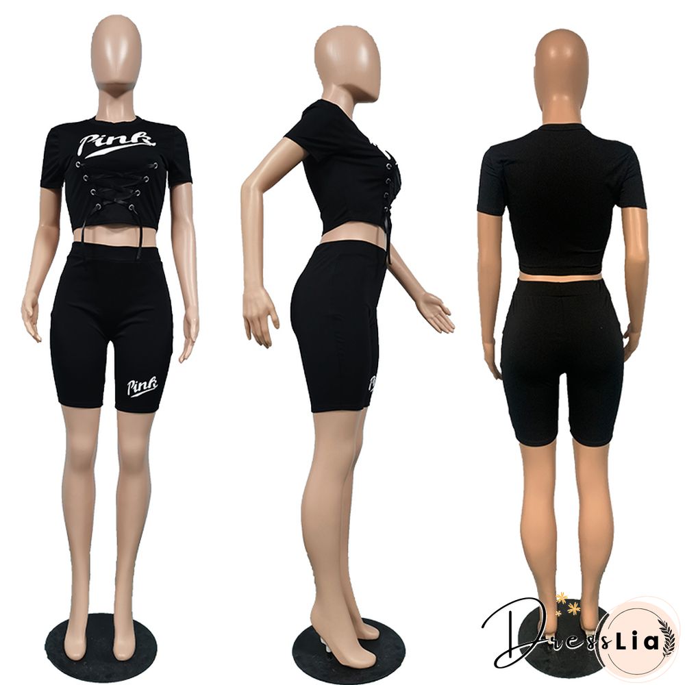 Sportswear Short Sleeve Crop Tops Biker Shorts Set